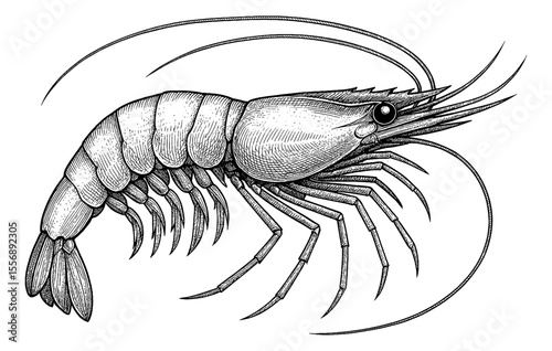 Detailed Engraving Illustration of a Shrimp or Prawn on White Background, Vector