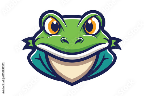 A green cartoon frog head smiles broadly with prominent yellow eyes looking forward