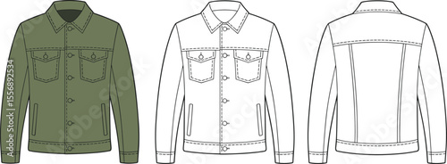 Men’s denim jacket flat sketch, front and back view, technical fashion drawing, outerwear design template, vector illustration, clothing mockup

 flat vector illustration