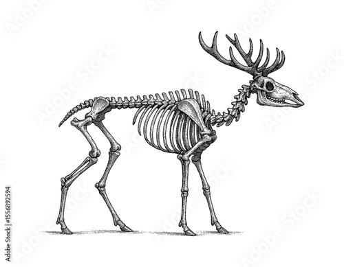 Detailed Engraving of Deer Skeleton Standing on White Background Side View photo