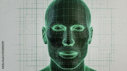 Wallpaper Mural green human face projection hologram on white background, abstract grid technology Torontodigital.ca