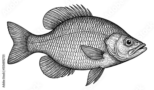 Detailed Engraving Style Illustration of a Fish with Scales, Fins, and Round Eye