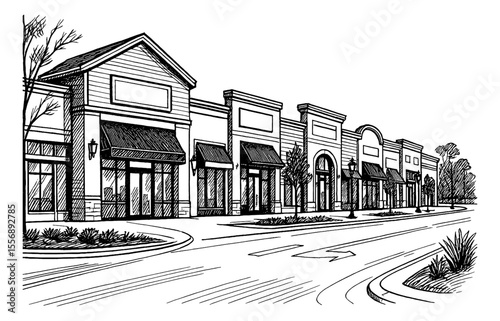 Shopping Center or Strip Mall with Stores and Awnings in Black and White Outline Line Art Drawing