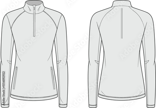 Long sleeve athletic pullover technical flat, half zip activewear, sportswear design front back, vector template, performance top fashion sketch

 flat vector illustration