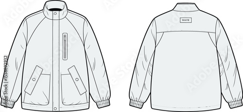 Men bomber jacket flat sketch, vector fashion illustration, front and back view, detailed technical drawing, casual outerwear design template

 flat vector illustration