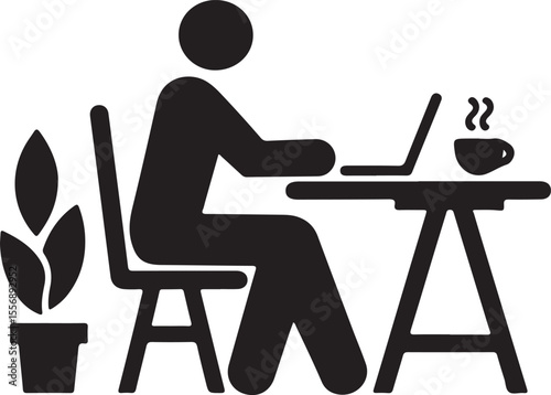 Person Working at Home Office Desk with Laptop and Plant