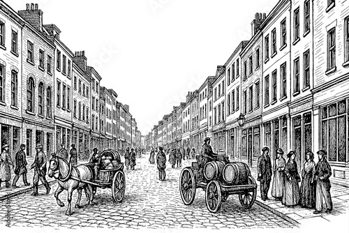 Vintage Street Scene with People and Horse-Drawn Carriages in Black and White Engraving Style