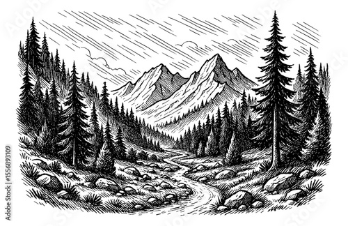 Mountain Range Forest and River Detailed Engraving Line Art in Black and White