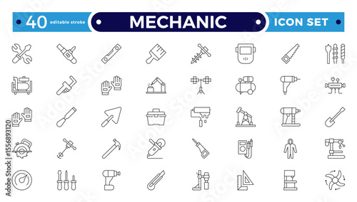 Mechanic Outline icon set. Repair worker sign. Industrial technician with wrench symbol. Maintenance and service tradesman pictogram. Workshop and professional expertise. Editable stroke outline icon
