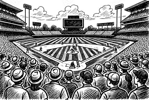 Black and white baseball stadium illustration with spectators in the stands.