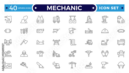Mechanic Outline icon set. Repair worker sign. Industrial technician with wrench symbol. Maintenance and service tradesman pictogram. Workshop and professional expertise. Editable stroke outline icon
