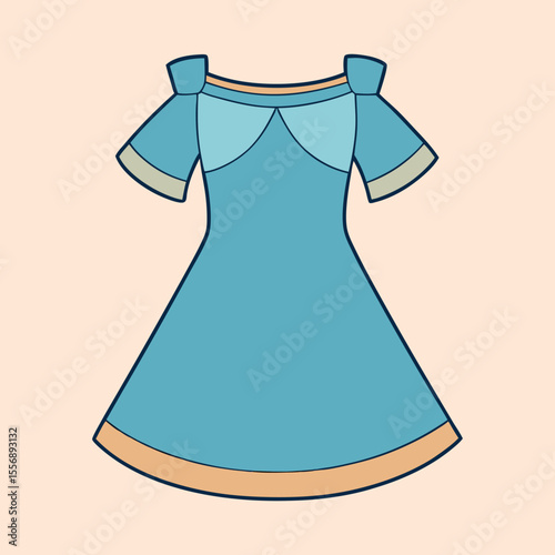 Illustration of a cartoon blue dress with short sleeves and trim details