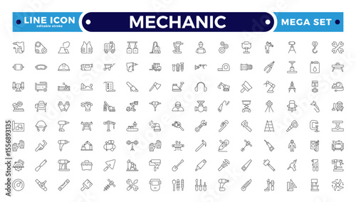 Mechanic Outline icon set. Repair worker sign. Industrial technician with wrench symbol. Maintenance and service tradesman pictogram. Workshop and professional expertise. Editable stroke outline icon

