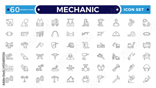 Mechanic Outline icon set. Repair worker sign. Industrial technician with wrench symbol. Maintenance and service tradesman pictogram. Workshop and professional expertise. Editable stroke outline icon
