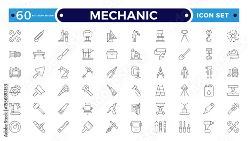 Mechanic Outline icon set. Repair worker sign. Industrial technician with wrench symbol. Maintenance and service tradesman pictogram. Workshop and professional expertise. Editable stroke outline icon
