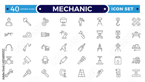 Mechanic Outline icon set. Repair worker sign. Industrial technician with wrench symbol. Maintenance and service tradesman pictogram. Workshop and professional expertise. Editable stroke outline icon
