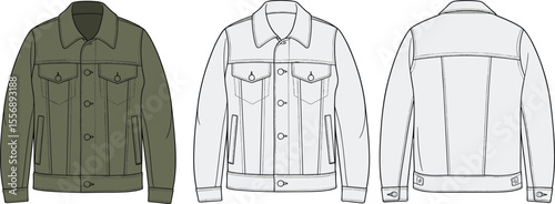 Men denim jacket technical flat sketch, front and back view, chest pocket detail, fashion design template, outerwear garment illustration vector

 flat vector illustration