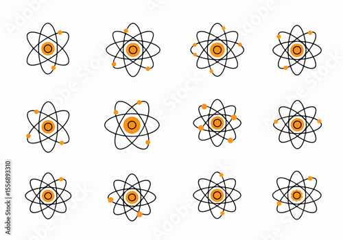 Pattern of simplified atomic models showing nucleus and orbiting electrons, representing concepts in science, physics, chemistry, and technology.