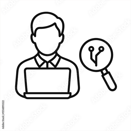 Line icon of cyber investigator analyzing digital evidence with laptop and circuit magnifier