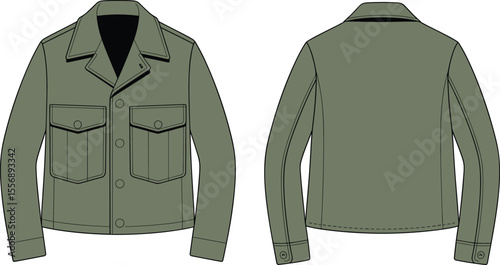 Olive green menswear jacket flat sketch, buttoned pockets, structured collar, fashion technical drawing, front and back view, vector illustration

 flat vector illustration