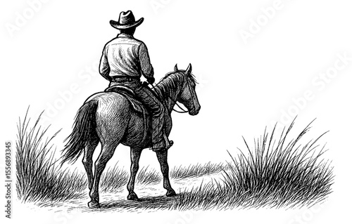 Cowboy riding horse in detailed black and white engraving style viewed from the back