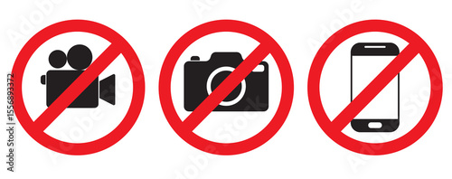 No photography video prohibited forbidden area sign, No photo no video recording set silhouette icon, camera icon, No recording or taking pictures sign, Prohibiting the use of cameras or phones