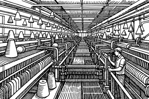 Textile Factory Interior with Worker in Line Art Style Black and White