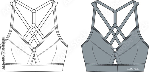 Strappy sports bra back view fashion flat, technical vector sketch, detailed design, activewear illustration, fitness garment, seamless athletic template, front

 flat vector illustration