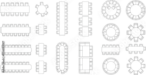  Top view dining table layouts, modern furniture arrangement, vector chair designs, architectural plan symbols, interior floor plan furniture set

flat vector illustration