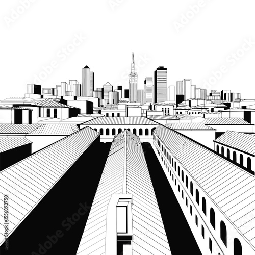 Black and white illustration of a city skyline with rooftops and buildings