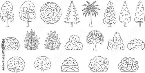 Vector hand-drawn tree and bush illustrations, black and white line art, landscape symbols, architectural plant design, garden foliage collection

 flat vector illustration