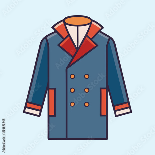 Cartoon illustration of a classic blue overcoat, featuring a red lapel