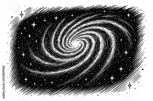Illustration of a spiraling galaxy with stars in black and white, ink drawing style