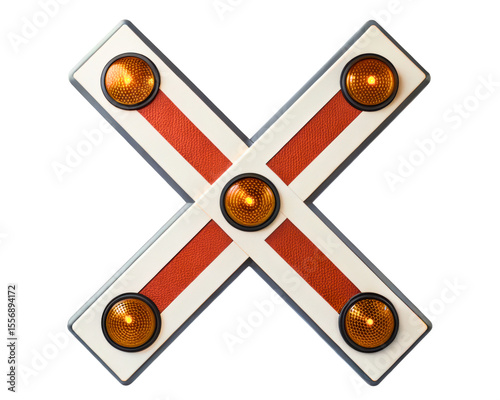 Railway crossing warning sign with amber signal lights on a transparent background