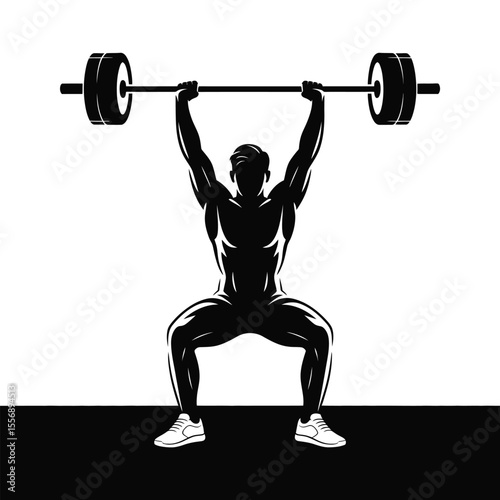 Black and white illustration of weightlifter lifting barbell overhead in squat position
