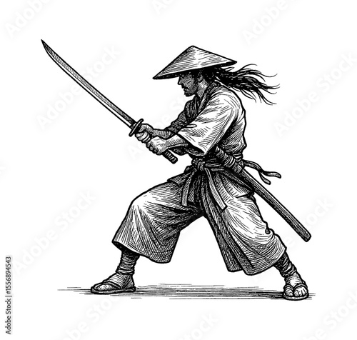 Samurai warrior in battle stance wielding katana sword in traditional attire engraving art
