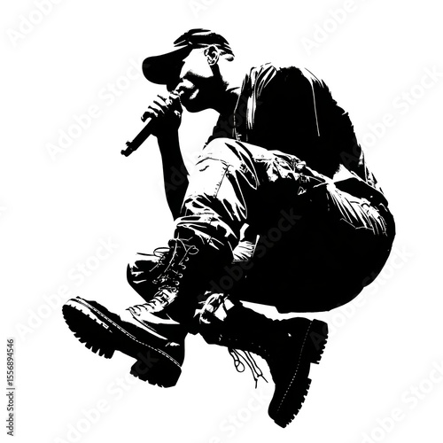 Silhouette of singer jumping with microphone