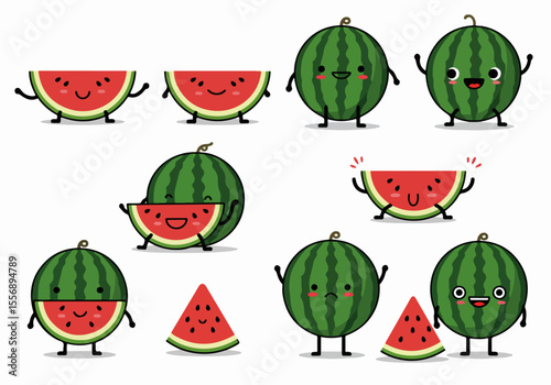 Cute Cartoon Watermelon Characters Collection with Happy Faces