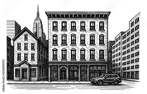 Detailed Black and White Line Art Drawing of Buildings with a Car in Urban City