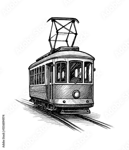 Vintage Tram or Streetcar Illustration in Detailed Black and White Pen and Ink Style
