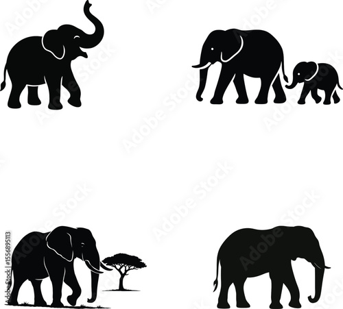 African Elephant Silhouettes Family, Wildlife, Nature Icons