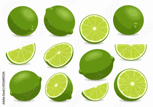 Vector illustration set of fresh whole limes, halves, and wedges with shadows on white background.