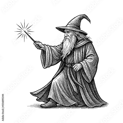 Wizard casting a spell with magic wand in detailed vintage engraving style black and white