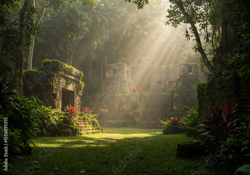 Ancient Ruins Overgrown with Jungle, Mystical Sunlight