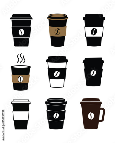 Coffee To Go Cup Icon Set – Vector Takeaway Coffee Mug Silhouettes with Sleeve and Lid for Cafe Branding .