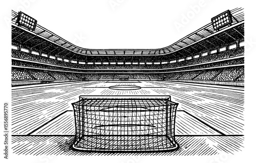 Stadium Illustration with Seating and a Goal Post in a Detailed Engraving Style