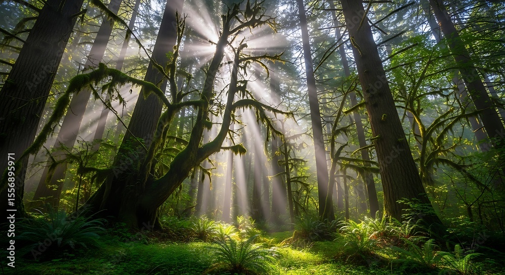 Fototapeta premium Sunbeams in the Old-Growth Forest: Sunbeams pierce the dense canopy of an old-growth forest.