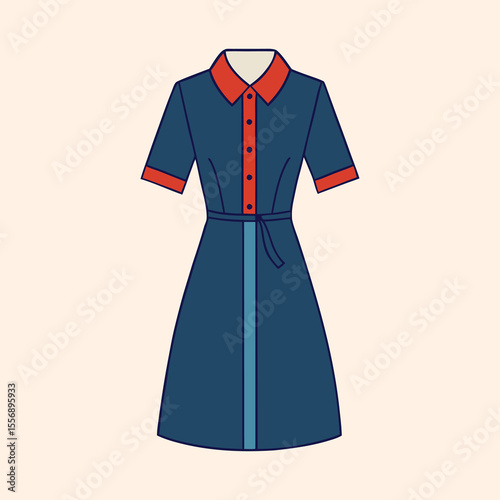 Elegant navy blue short sleeve dress with red trim and belt design