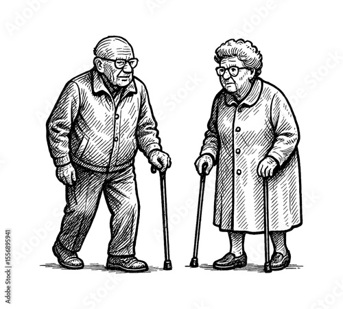 Elderly Couple Standing with Canes Black and White Detailed Engraving Style Art