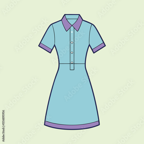Light blue short sleeved dress with purple trim and buttons